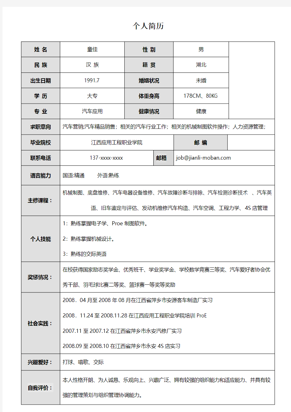 汽车应用专业个人简历模板