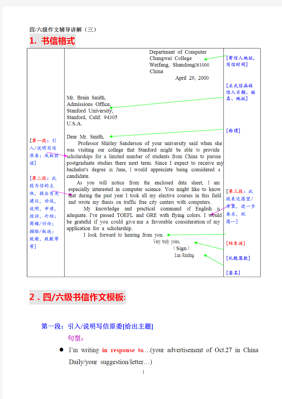 四六级作文(4)--书信写作-英语作文模板