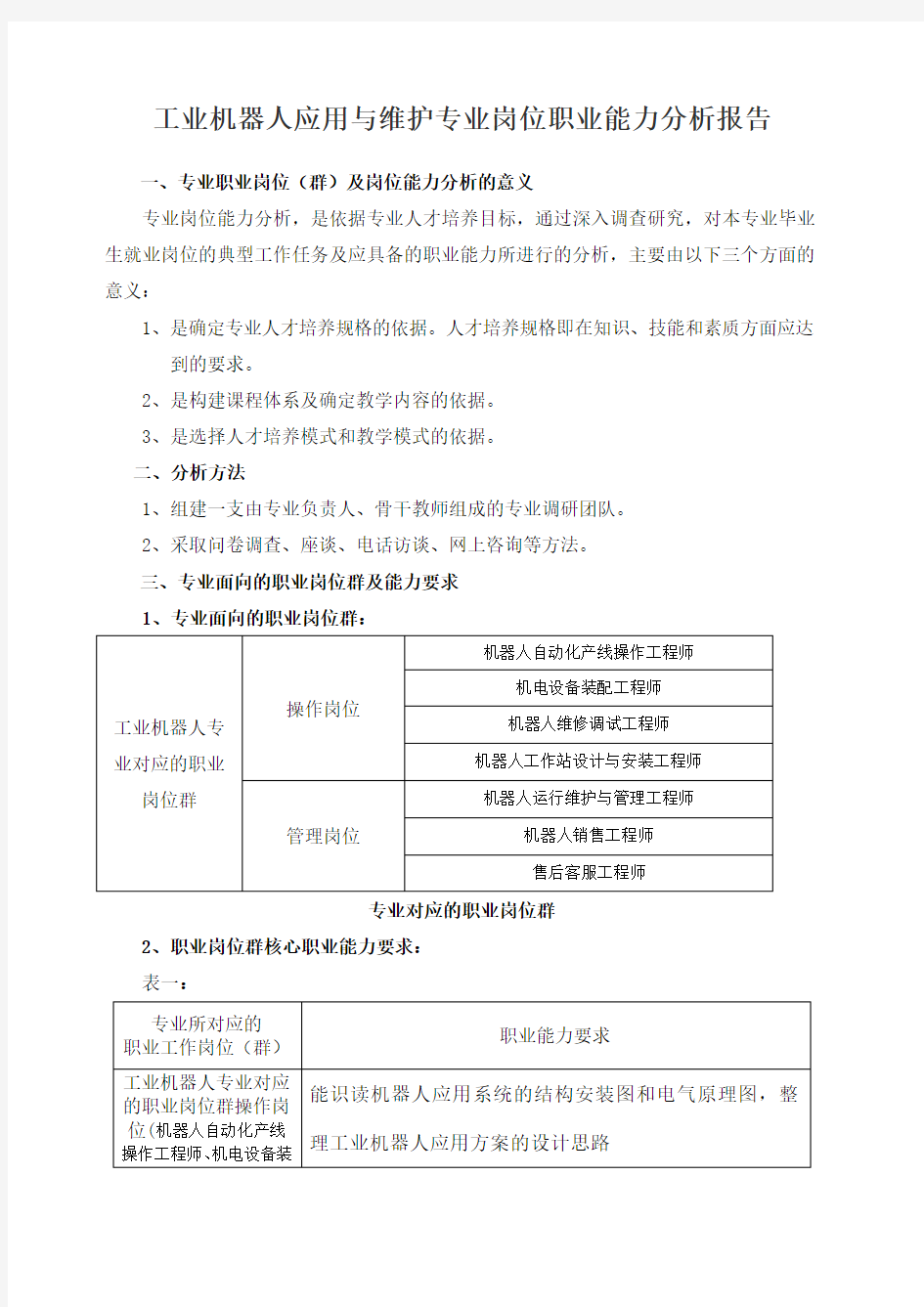 《工业机器人应用与维护》专业岗位职业能力分析报告