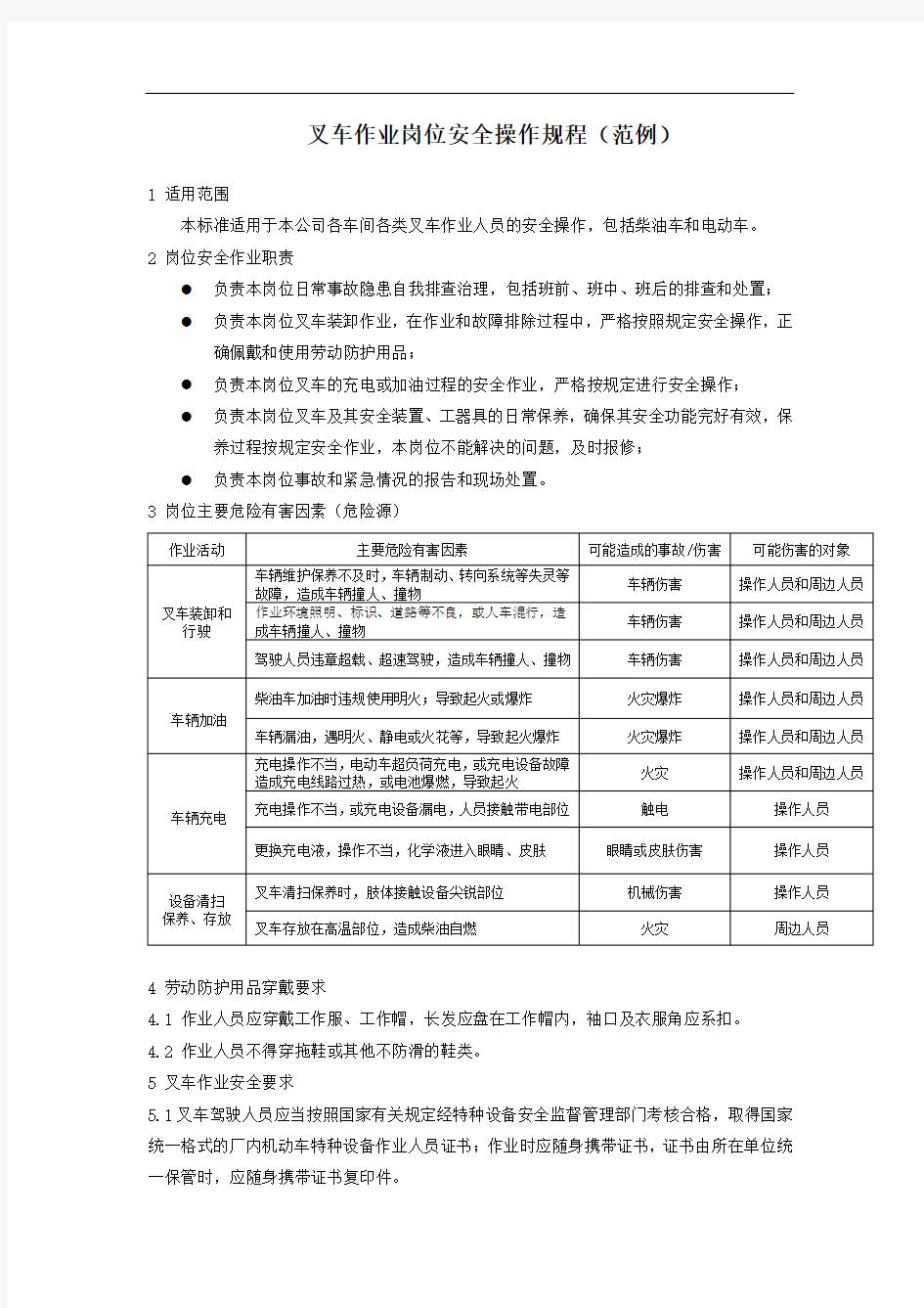 叉车作业岗位安全操作规程(范例)