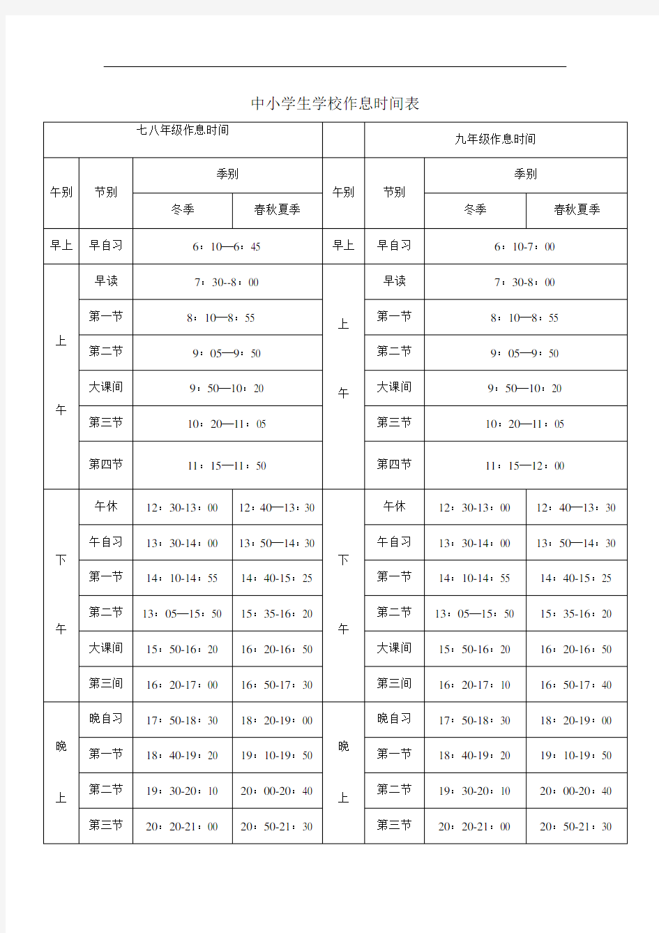 中小学校作息时间表