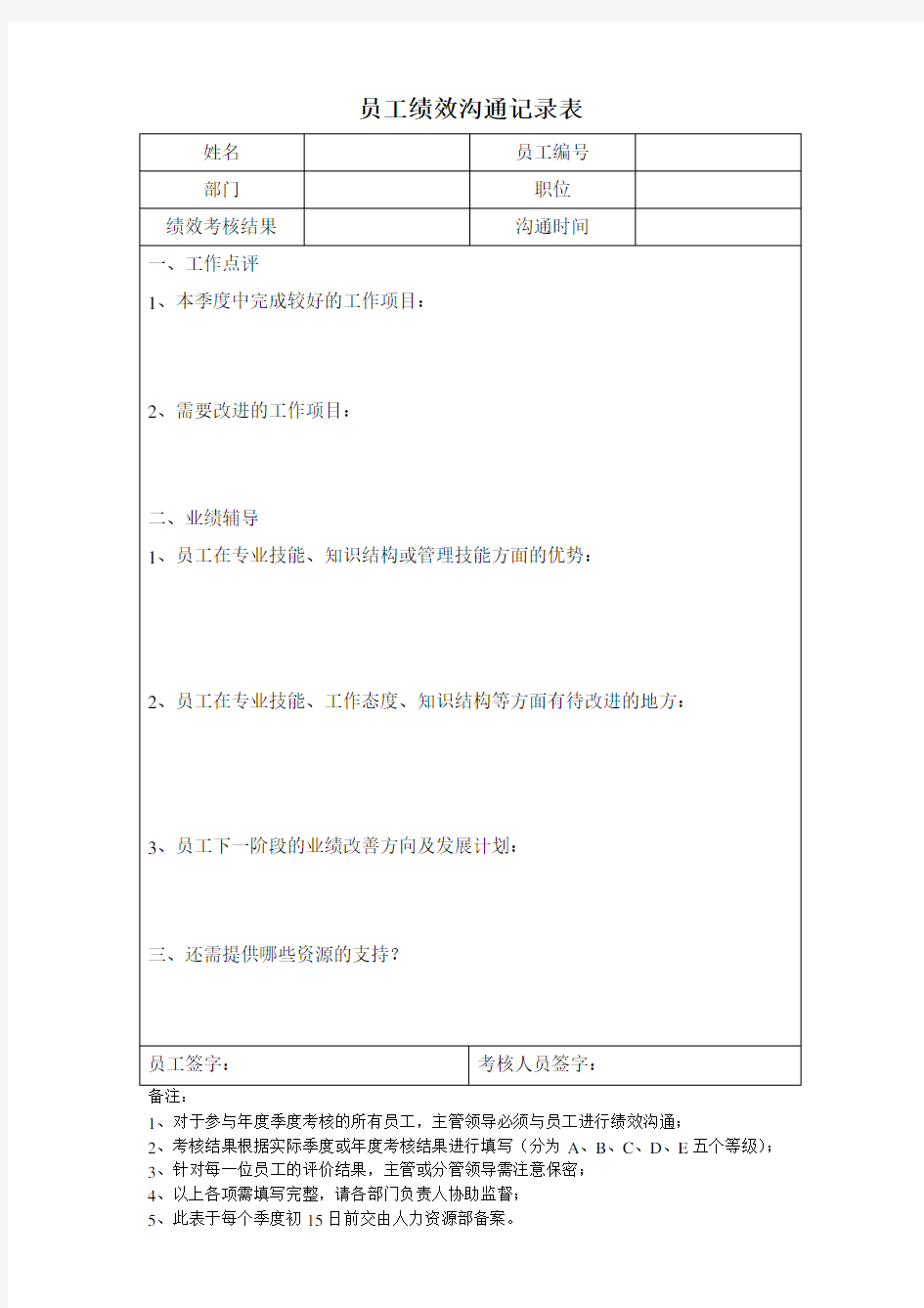 员工绩效沟通记录表