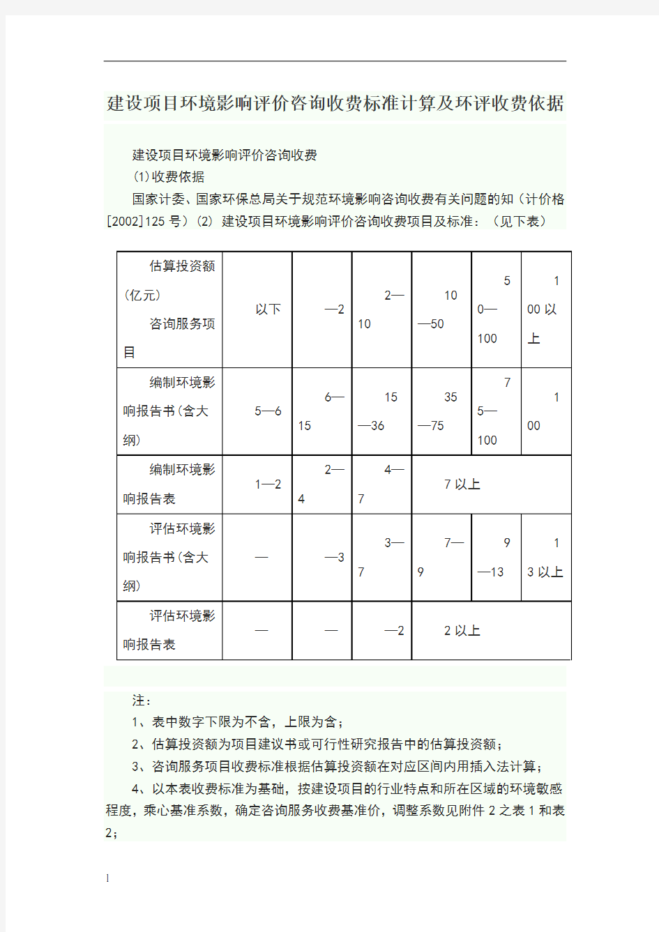 建设项目环境影响评价咨询收费标准计算及环评收费依据