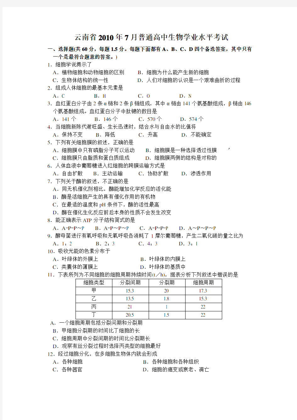 云南省历年高中生物学业水平考试试题