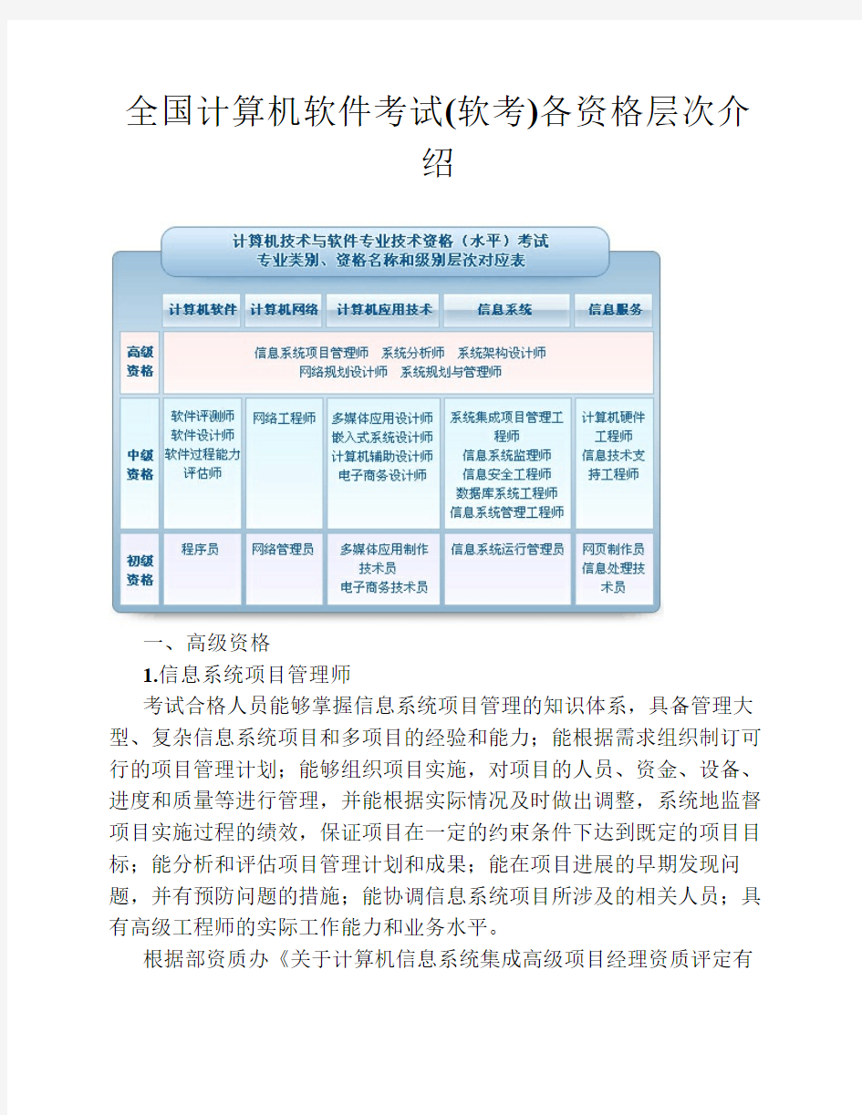 全国计算机软件考试(软考)各资格层次介绍