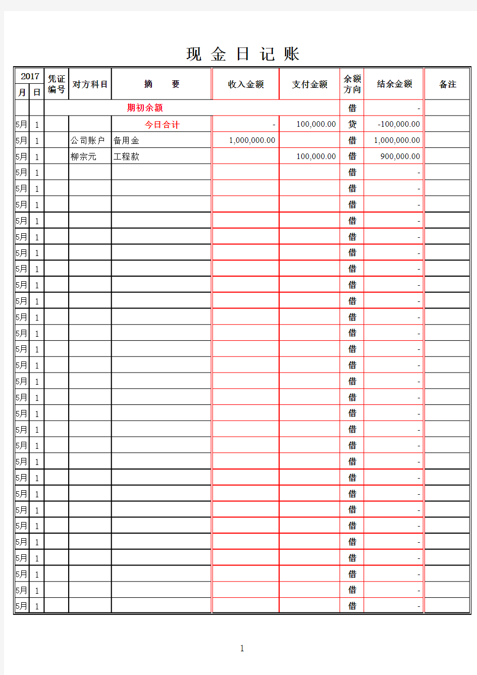 现金日记账-电子表格模板(带公式)