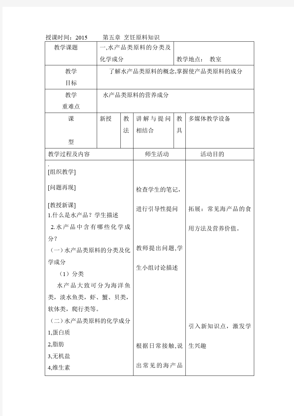 水产品类的分类及化学成分