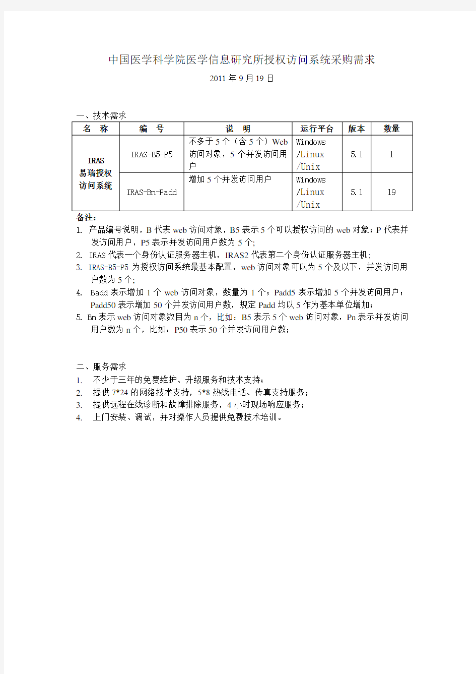 中国医学科学院医学信息研究所授权访问系统采购需求【模板】