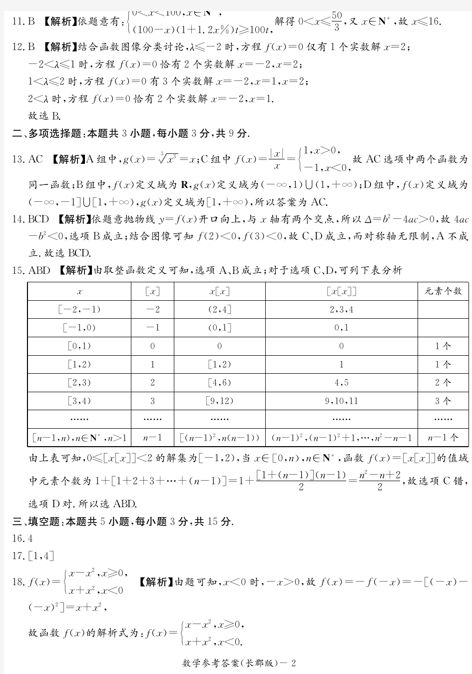湖南省长沙市长郡中学2020-2021学年高一上学期期中考试数学答案