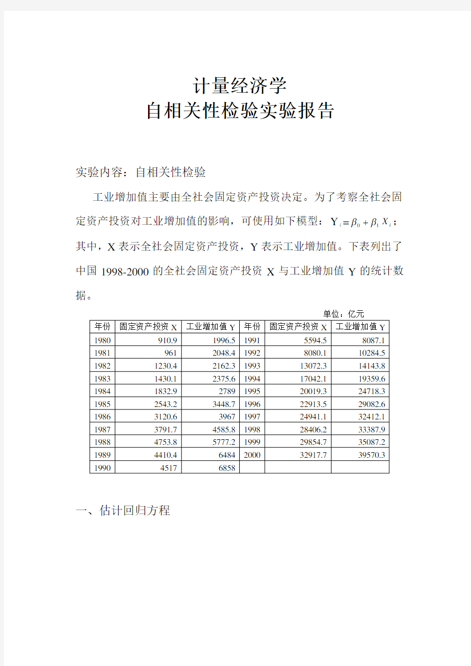 计量经济学自相关性检验实验报告