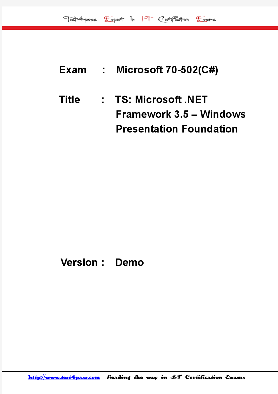 Test4pass Microsoft 70-502CSharp exam dumps questions answers