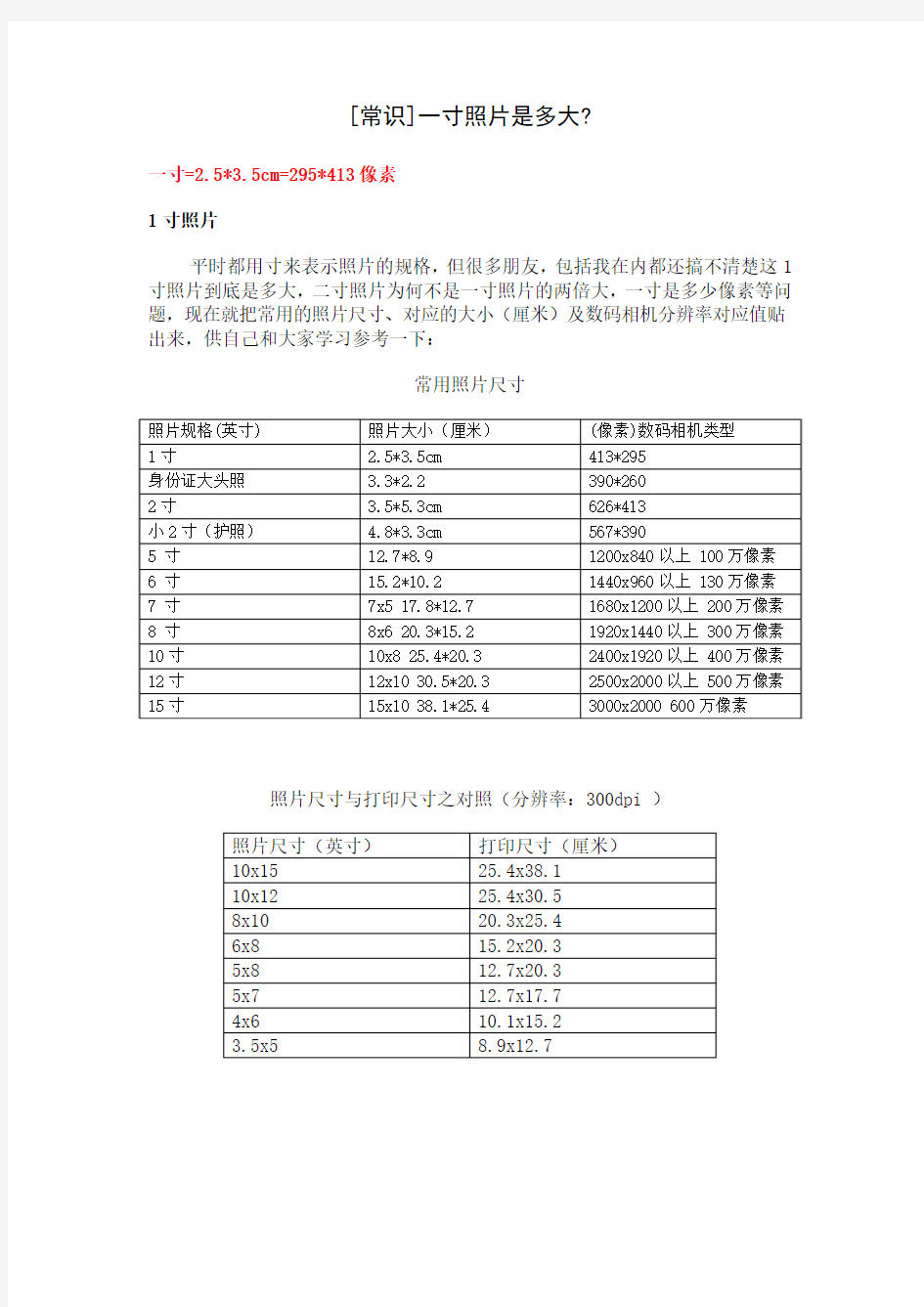 照片大小尺寸