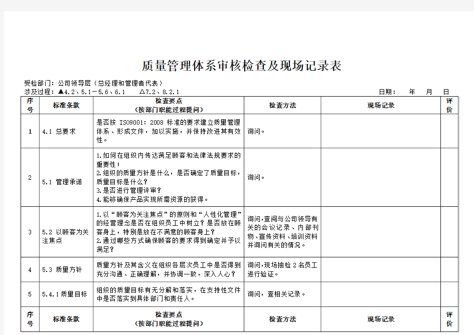 物业公司质量管理体系审核检查及现场记录表