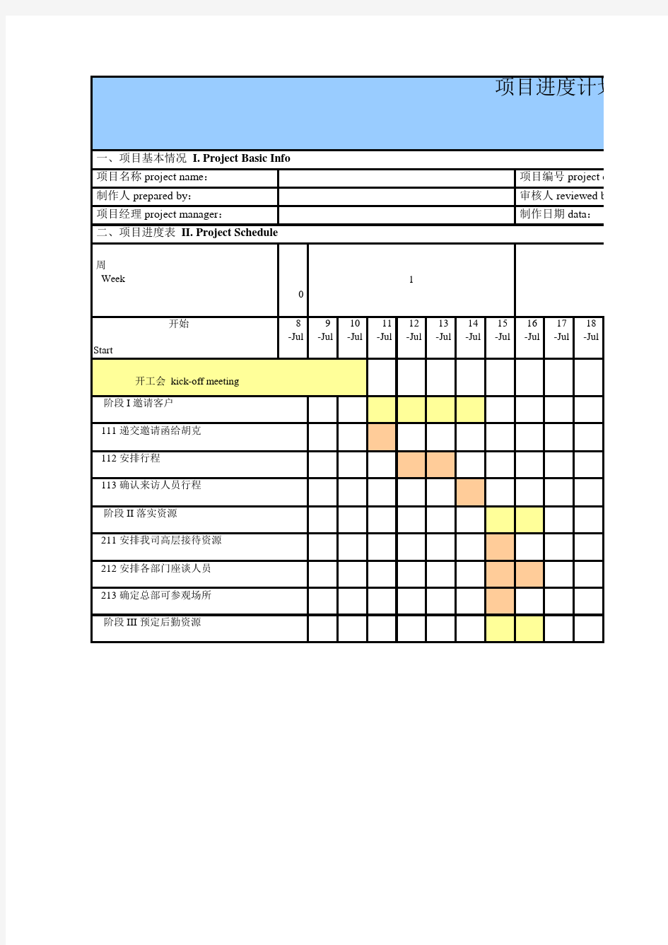 项目进度计划表和WBS表(excel模板)