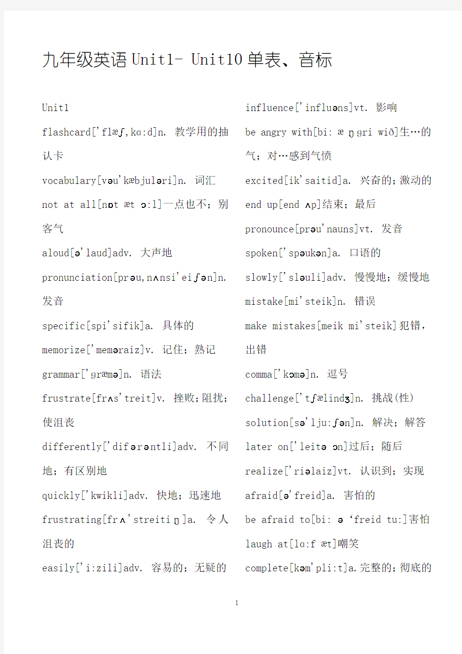 人教版九年级上册U1-10单词表(附音标、中文)