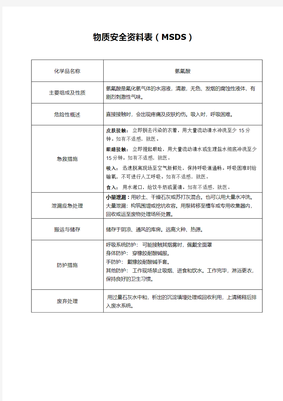 物质安全资料表MSDS