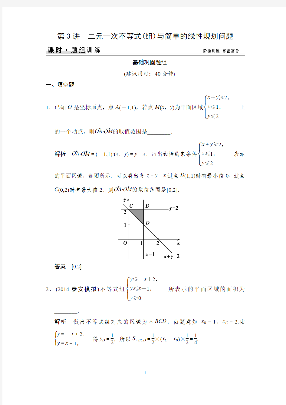 2015高考数学一轮题组训练：7-3二元一次不等式(组)与简单的线性规划问题