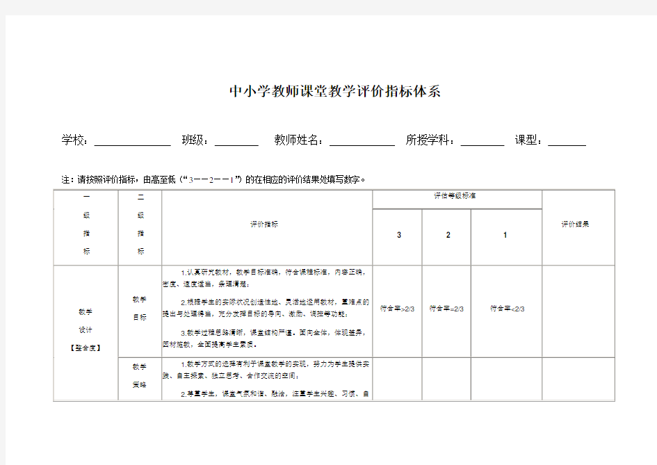 教师课堂教学评价指标体系