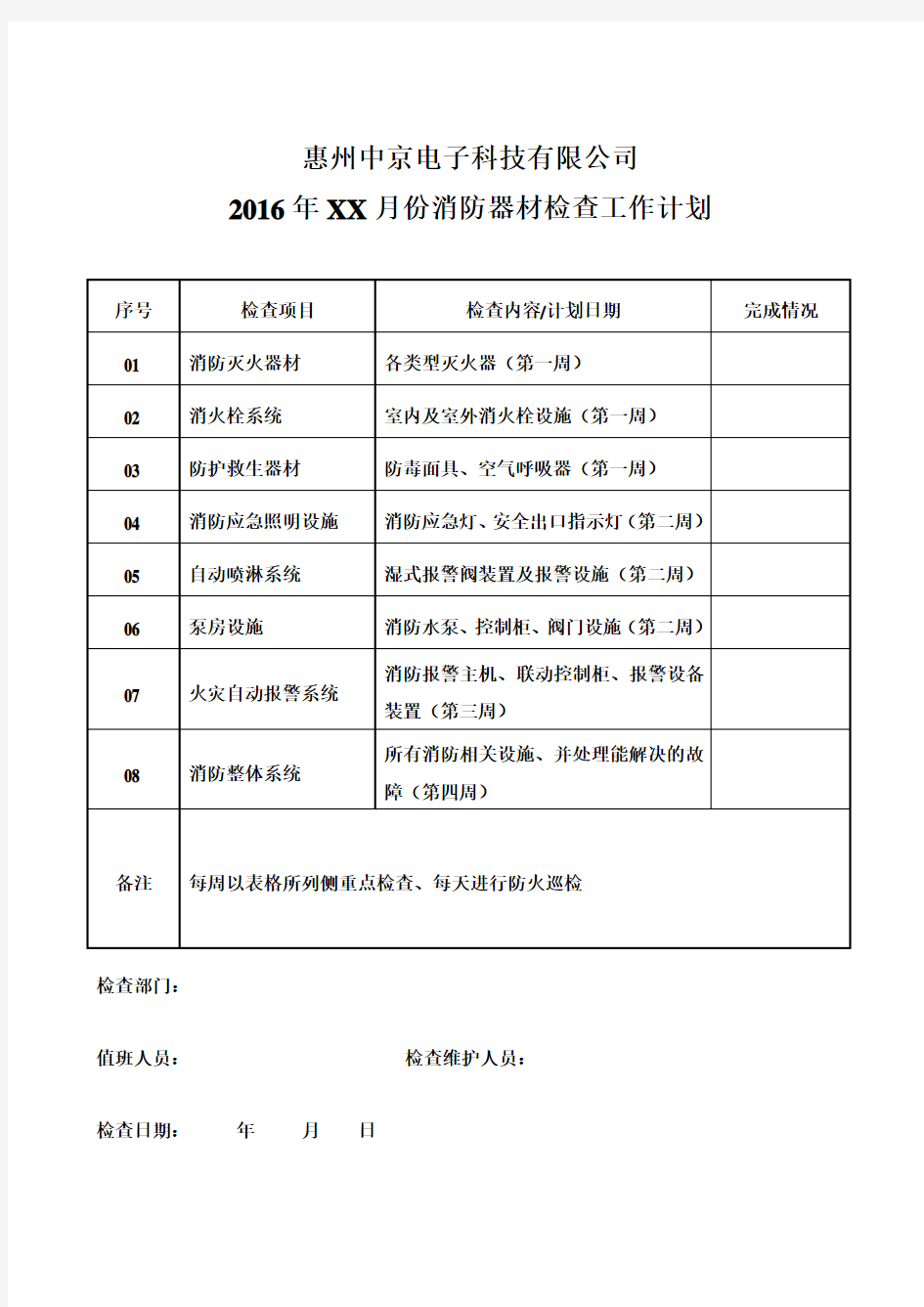 消防月维护保养工作计划