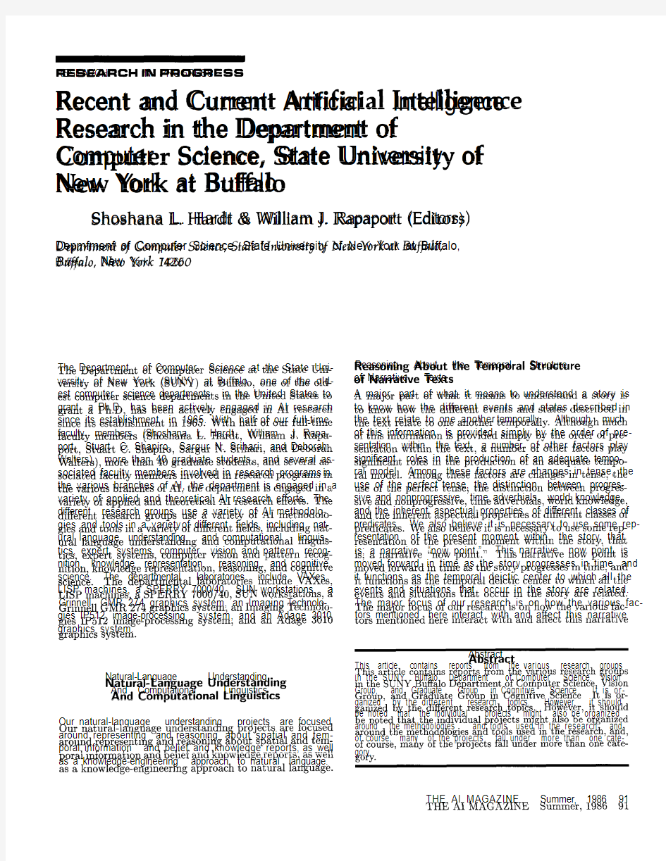 RESEARCH IN PROGRESS Recent and Current Artificial Intelligence