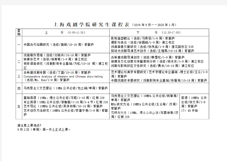 上海戏剧学院硕士研究生课程表
