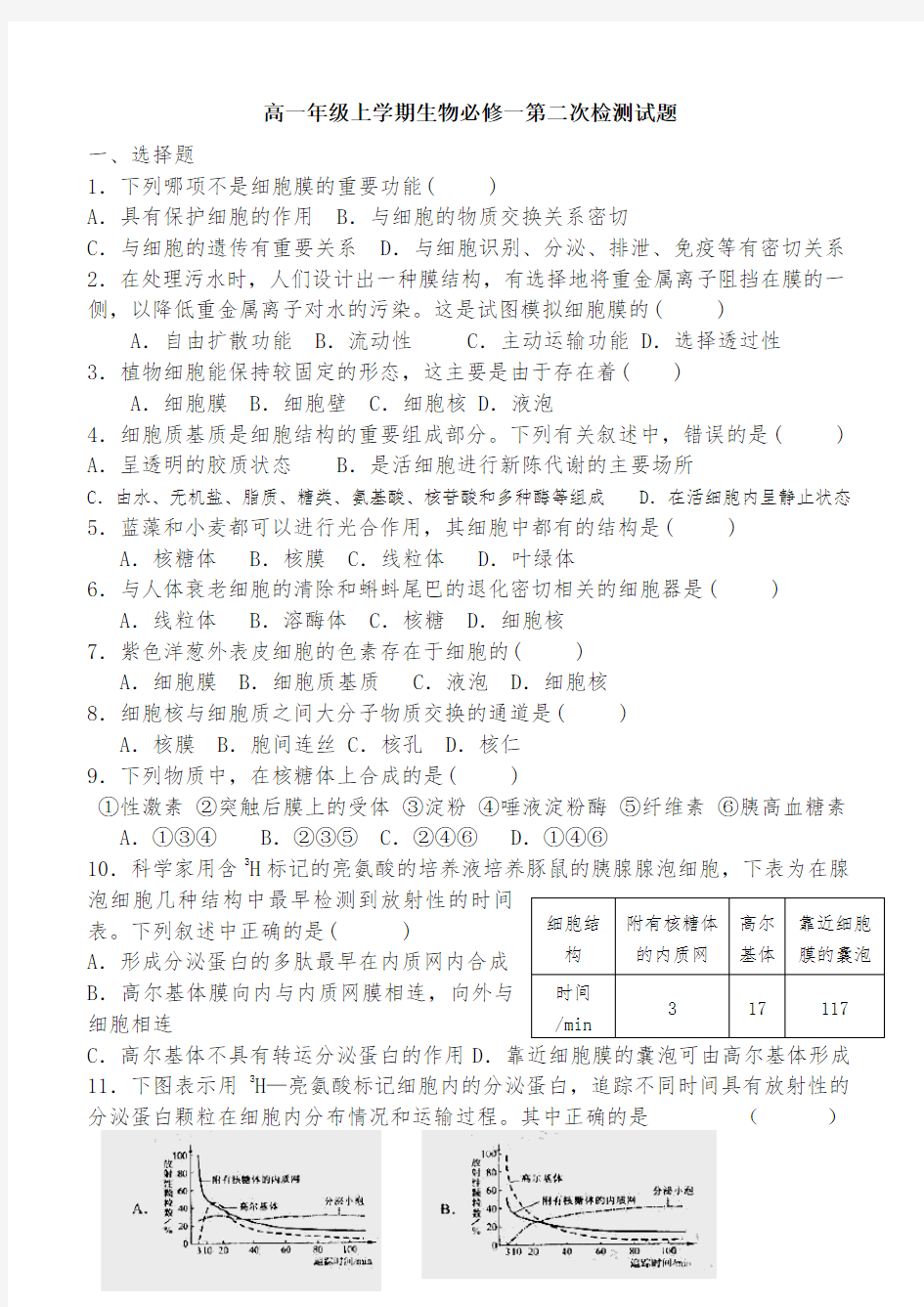 (完整版)高中生物必修一第三章第四章检测试题