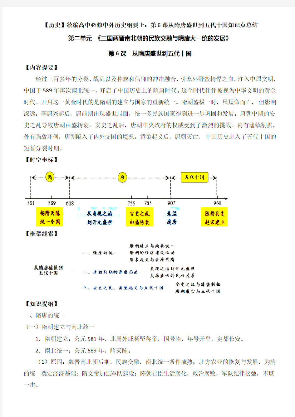 【历史】统编高中必修中外历史纲要上：第6课从隋唐盛世到五代十国知识点总结