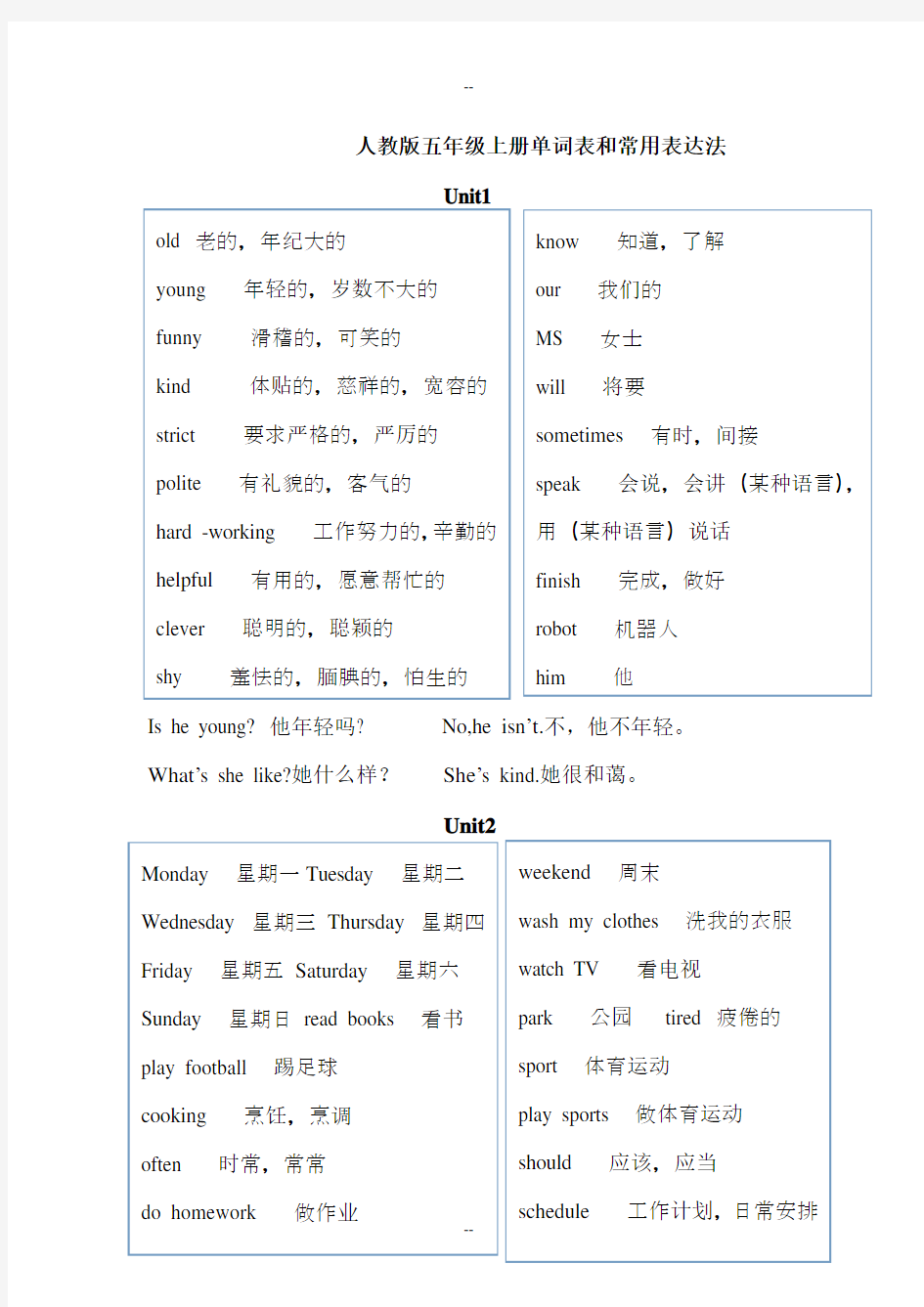 新人教版五年级英语上册单词表