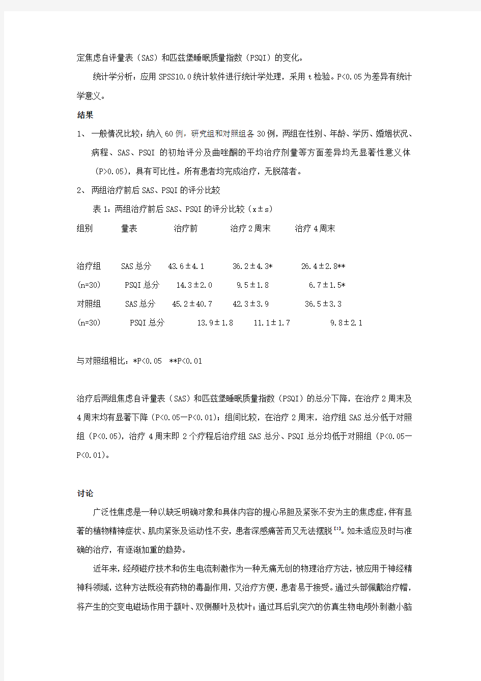 脑功能障碍治疗仪辅助治疗广泛性焦虑的效果分析概要