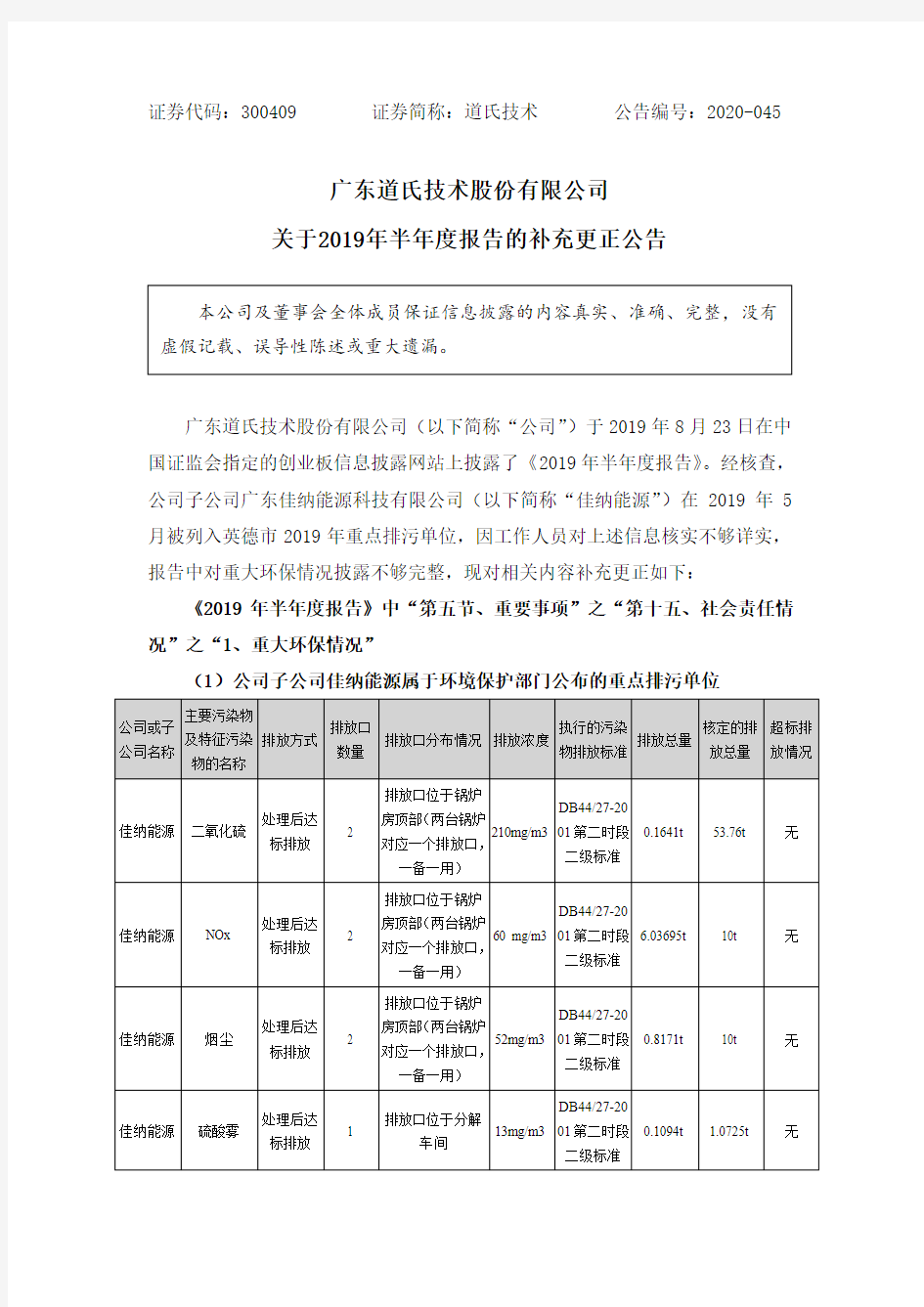 道氏技术：关于2019年半年度报告的补充更正公告