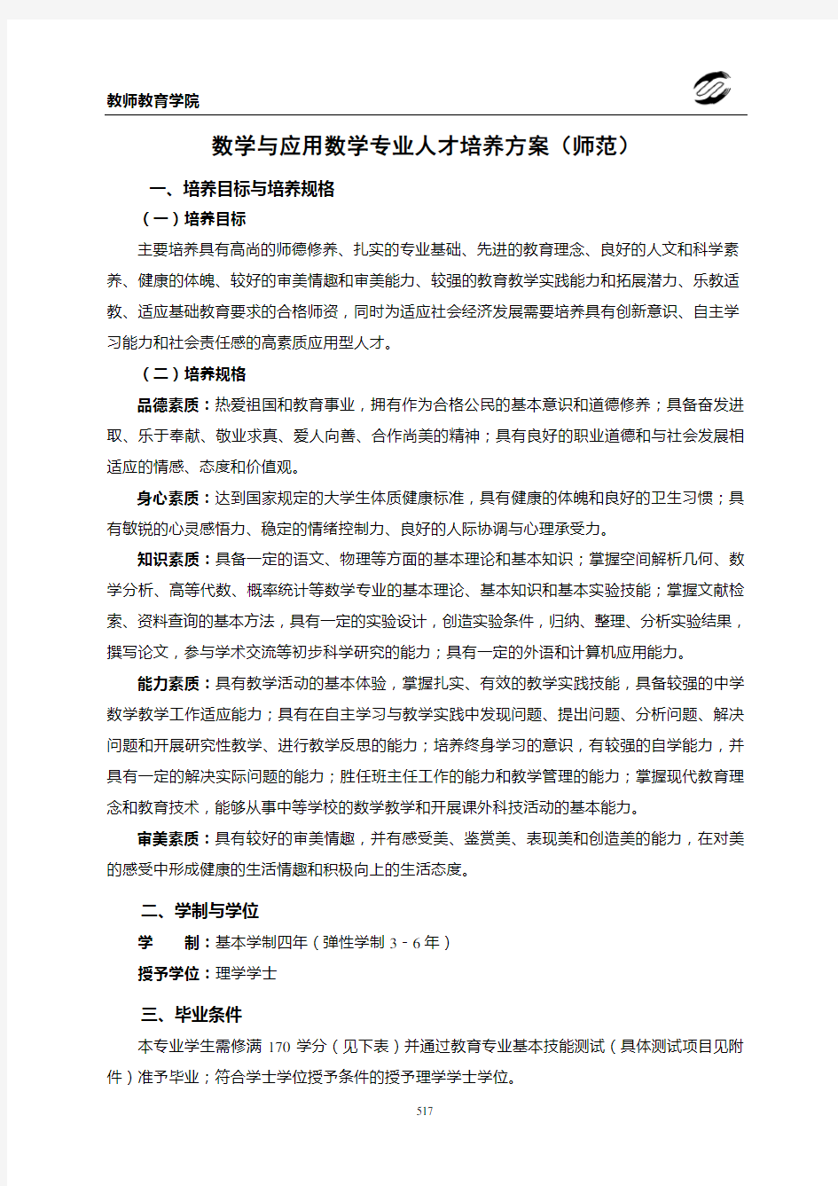 数学与应用数学专业人才培养方案(师范)