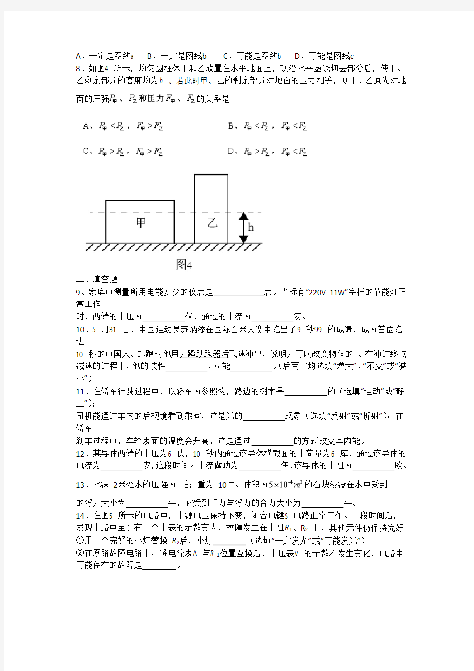 2015年上海市中考物理真题试题(含答案)