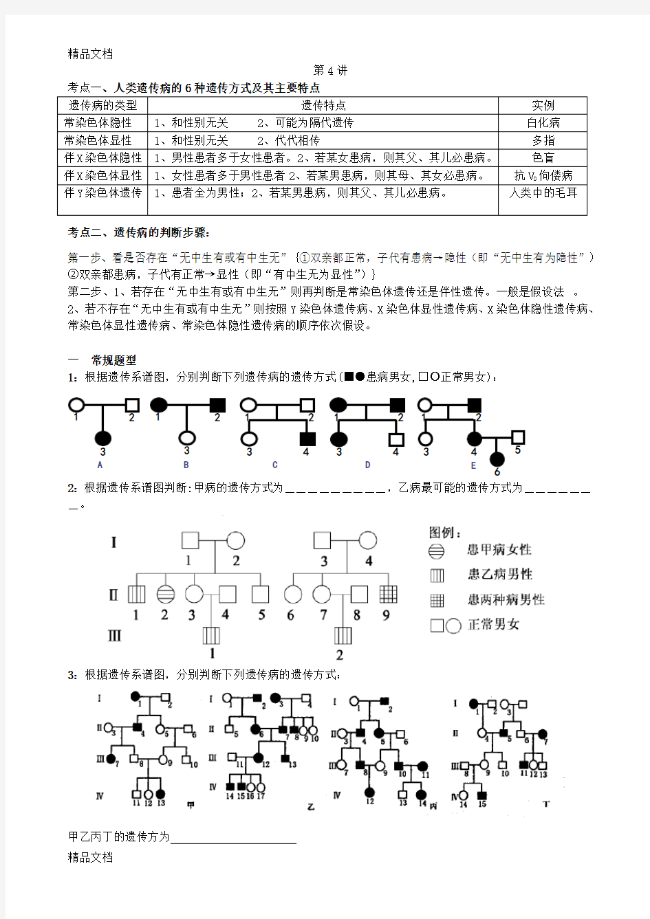 人类遗传病遗传方式的判断与患病概率计算讲课教案