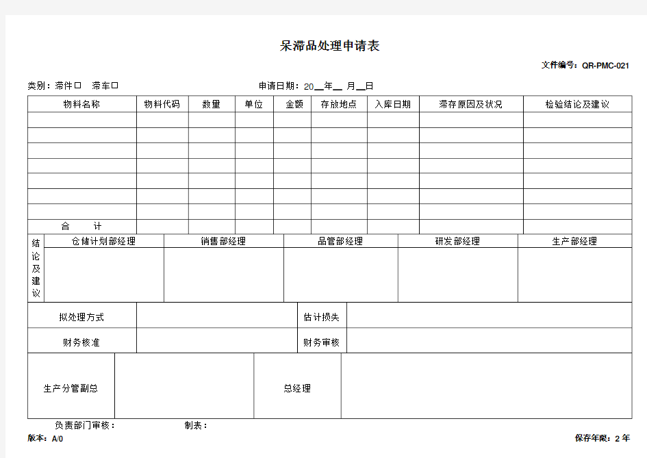 呆滞品处理申请表