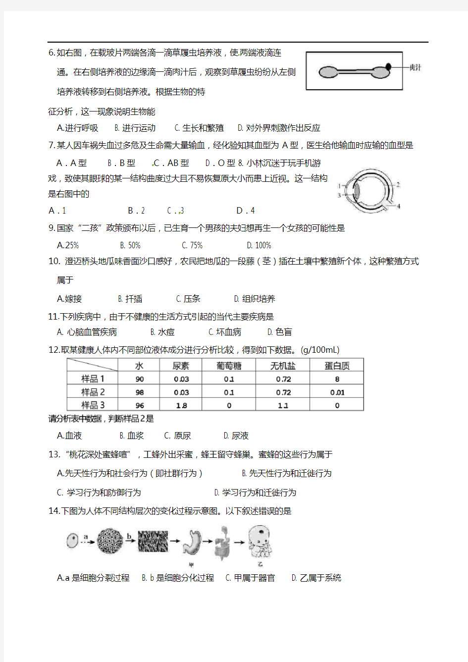 海南省2016年中考生物试题(word版,含答案)教材