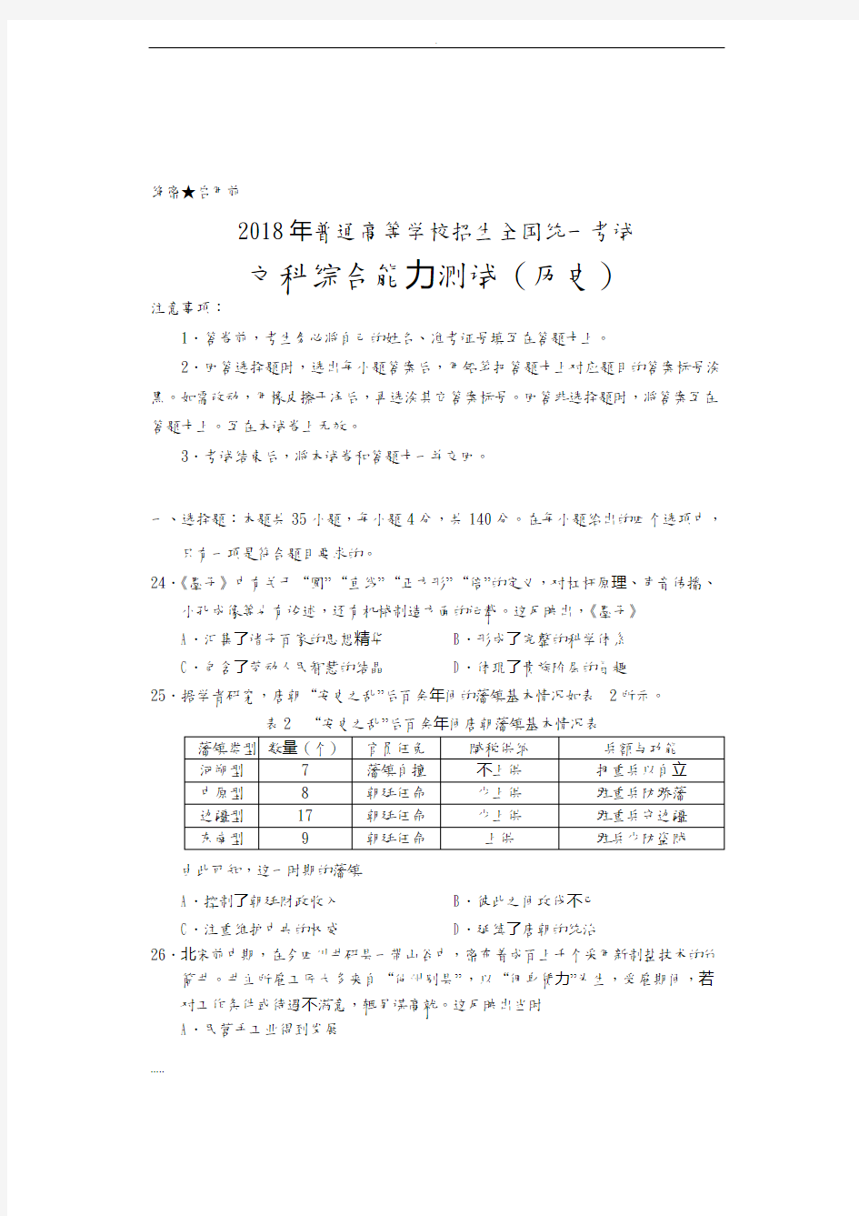 2018年(全国I卷)高考文综历史试题