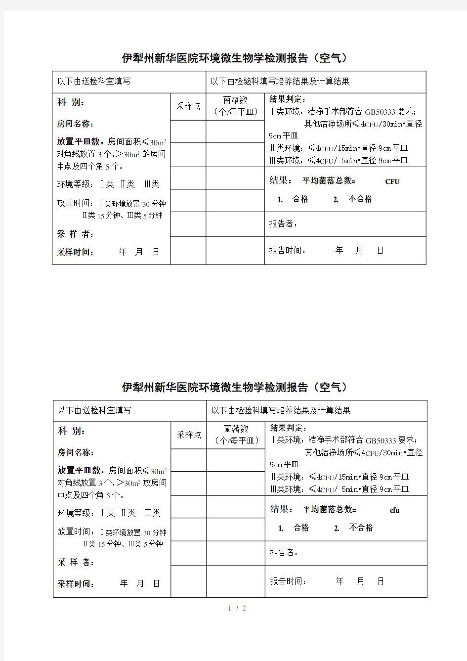 医院环境微生物学检测报告(空气)