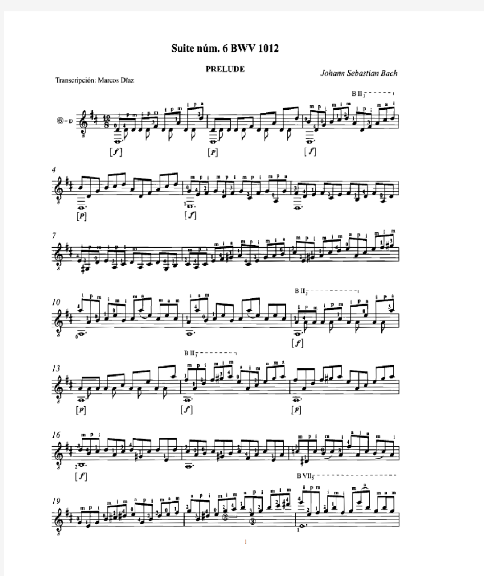 巴赫作品《前奏曲》Prelude,BWV1012;J.S.Bach古典吉他谱