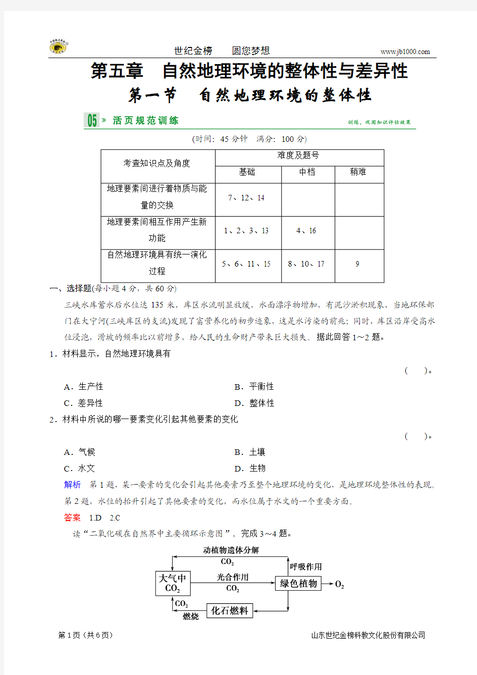 2013-2014学年地理人教版必修1 活页规范训练 5-1自然地理环境的整体性