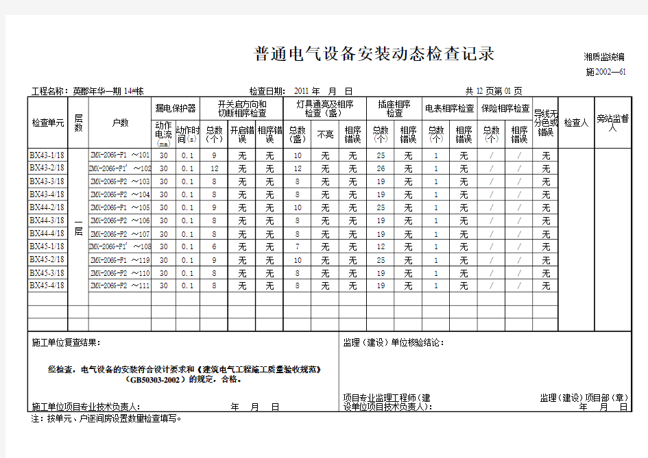 普通电气设备安装动态检查记录