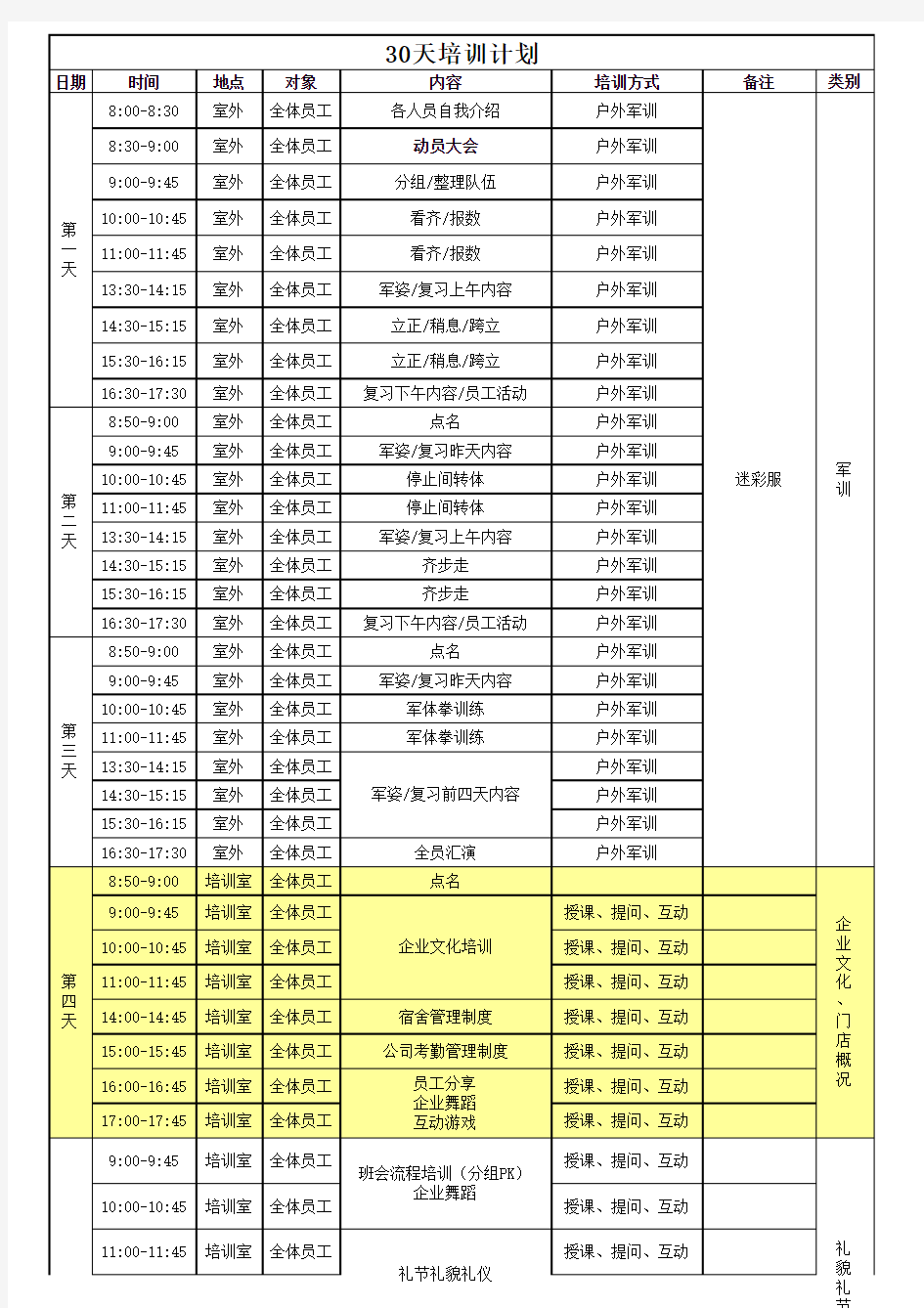 30天培训计划表格