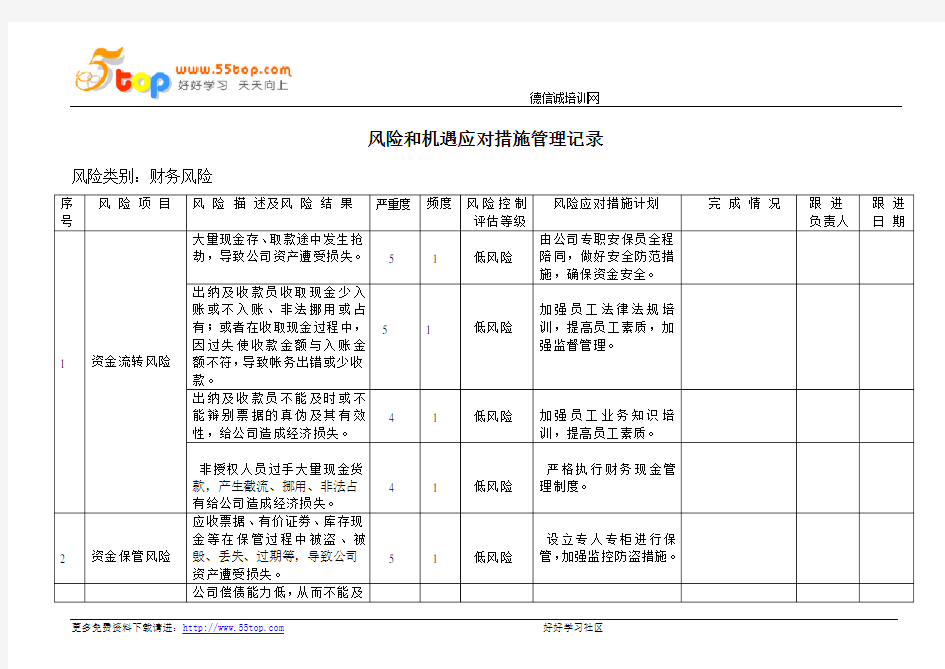 财务风险和机遇应对措施管理记录