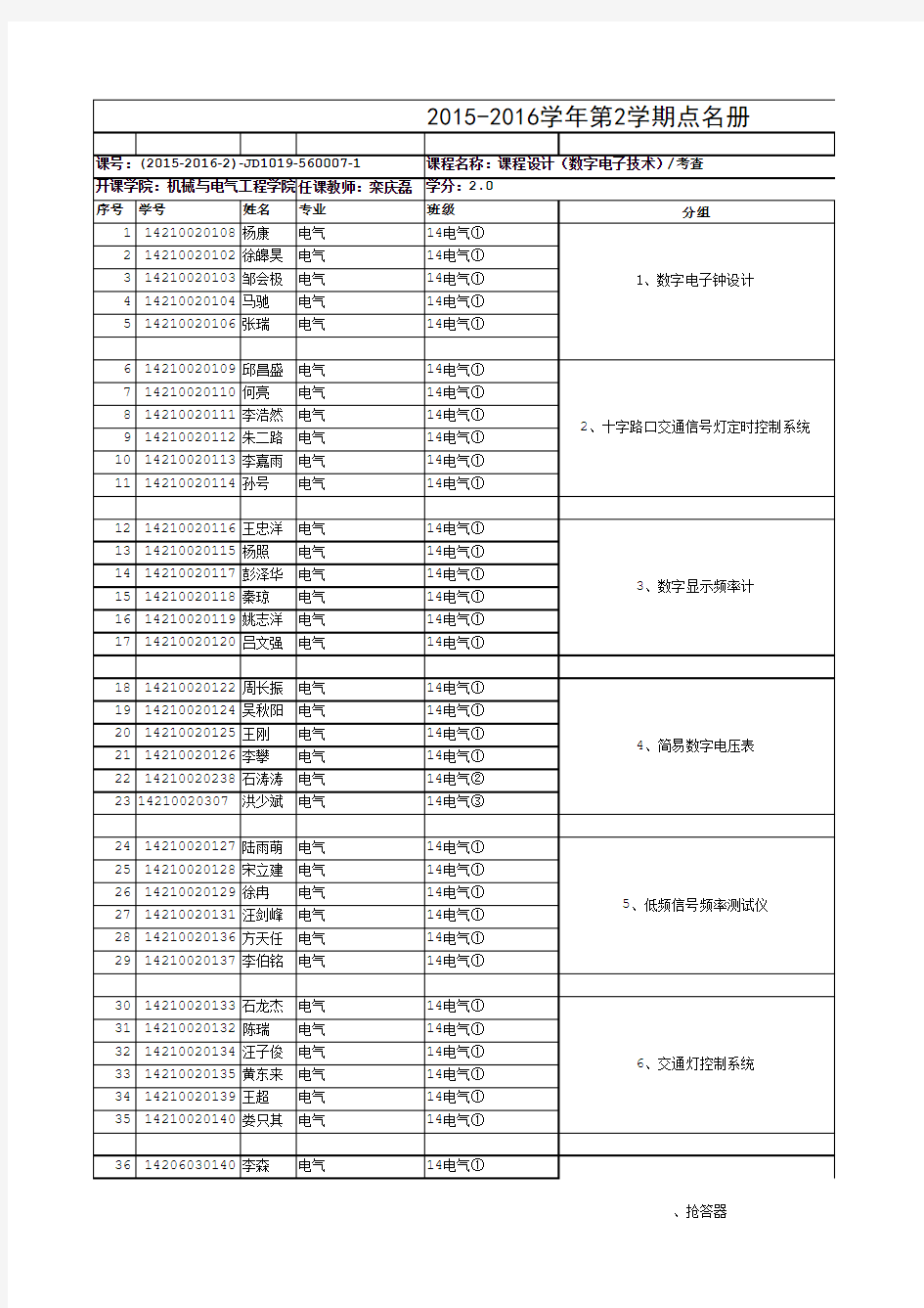 2.151602 数电 课程设计 分组名单
