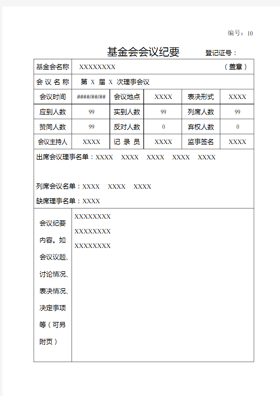 《基金会理事会会议纪要》样表