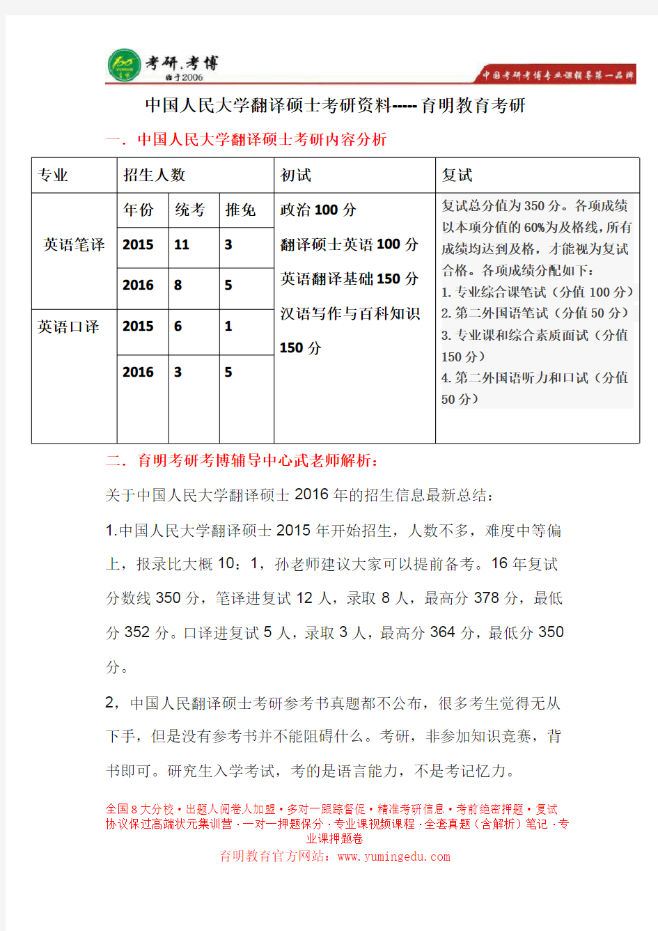 中国人民大学翻译硕士   保研真题