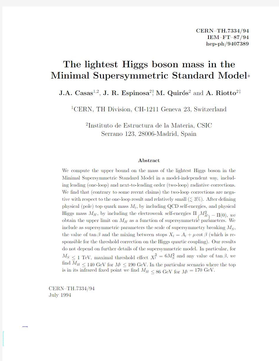 The Lightest Higgs Boson Mass in the Minimal Supersymmetric Standard Model