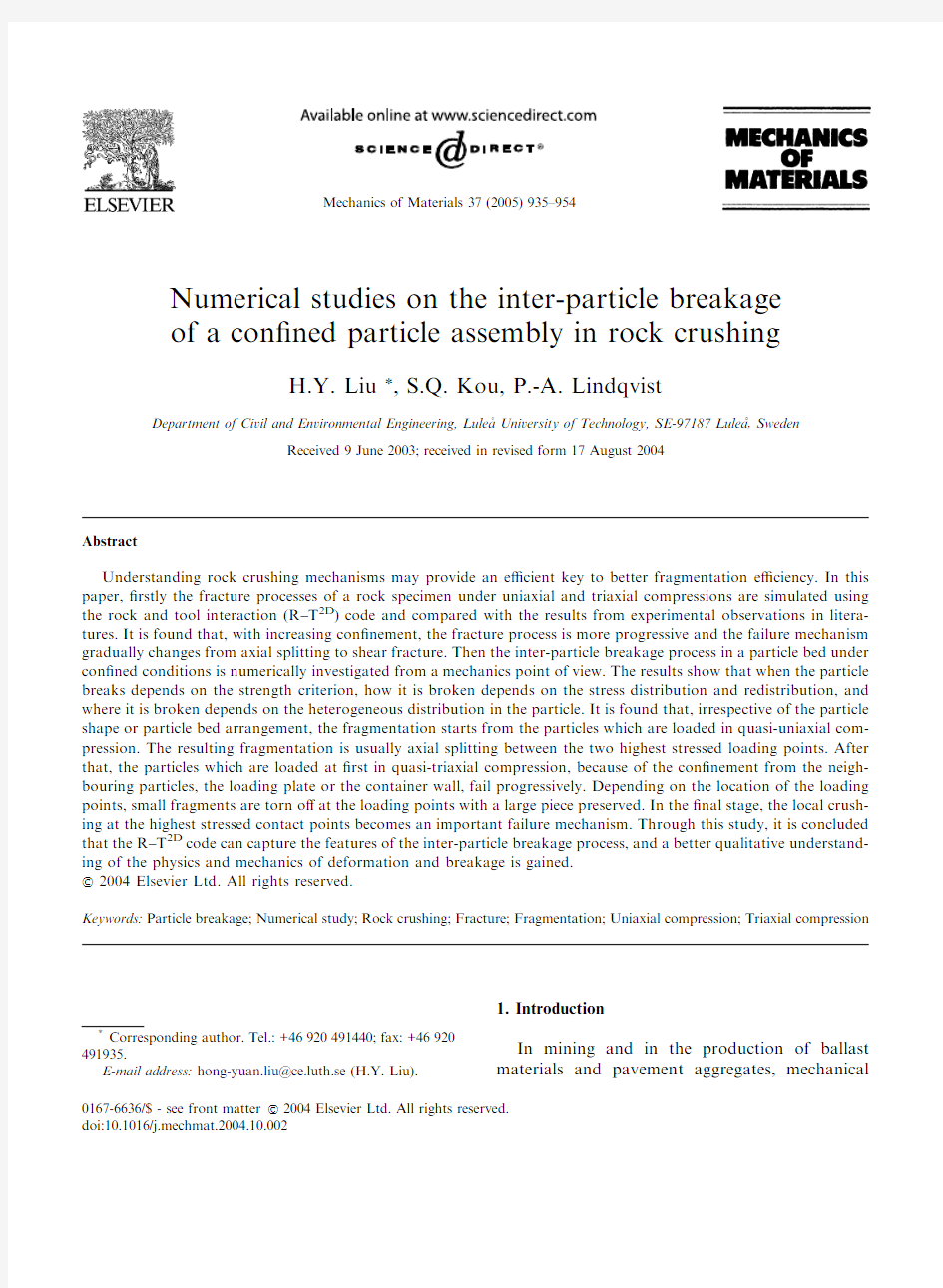 Numerical studies on the inter-particle breakage of a confined particle assembly in rock crushing