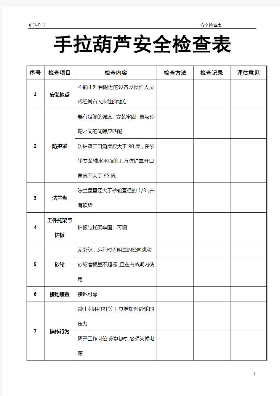 手拉葫芦安全检查表