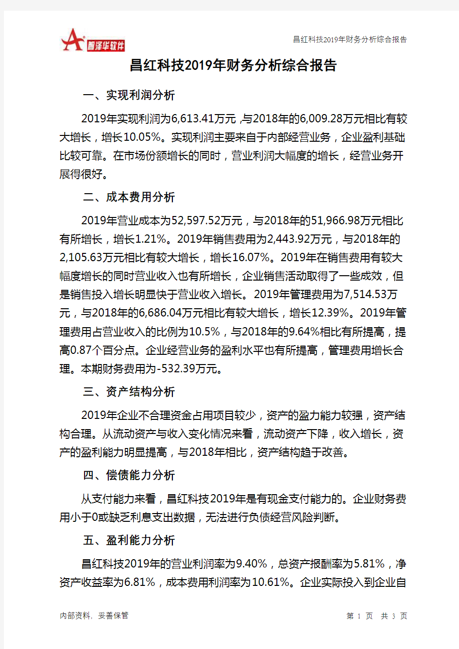 昌红科技2019年财务分析结论报告