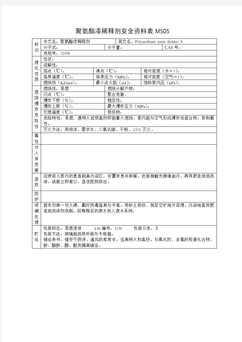 聚氨酯漆稀释剂安全资料表MSDS